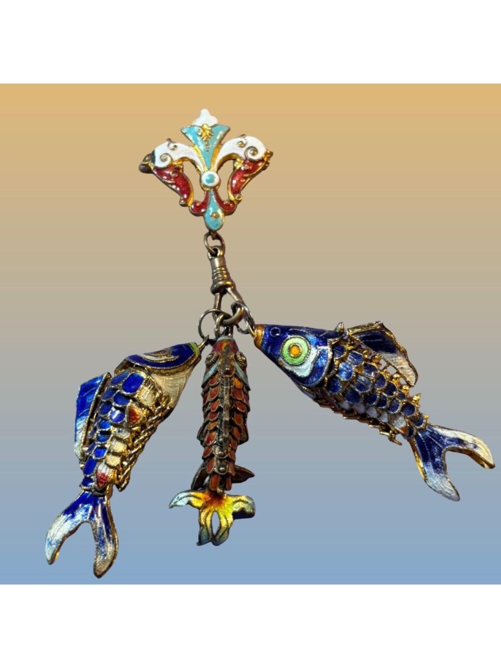 Cloisonné Enamel Three Fish Dangling from Fleur-de-lis brooch Brooch Statement
